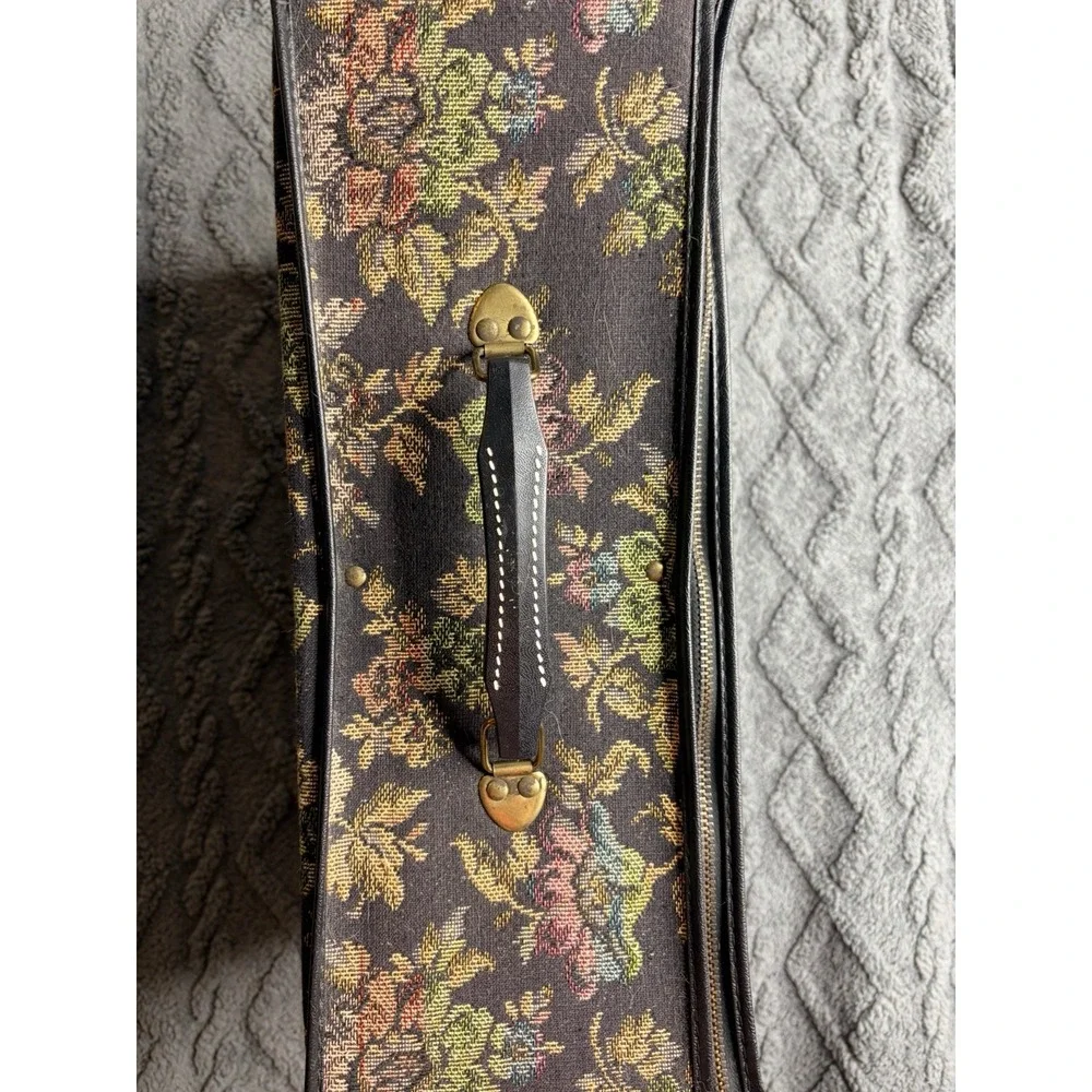 Vintage 60s Tapestry Floral All Over Woven Zipped Suitcase Luggage 14 By 11 Inch